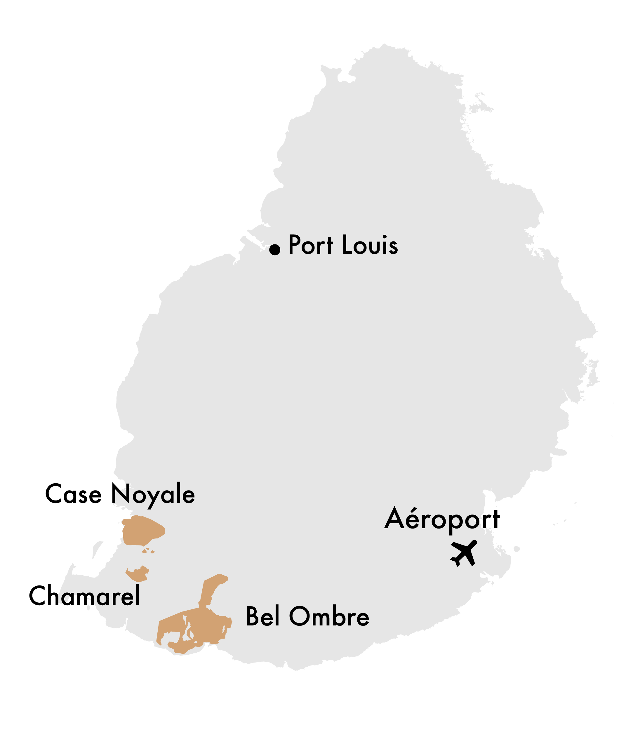 La région de Bel Ombre, Case Noyale et Chamarel sur la carte de Maurice.